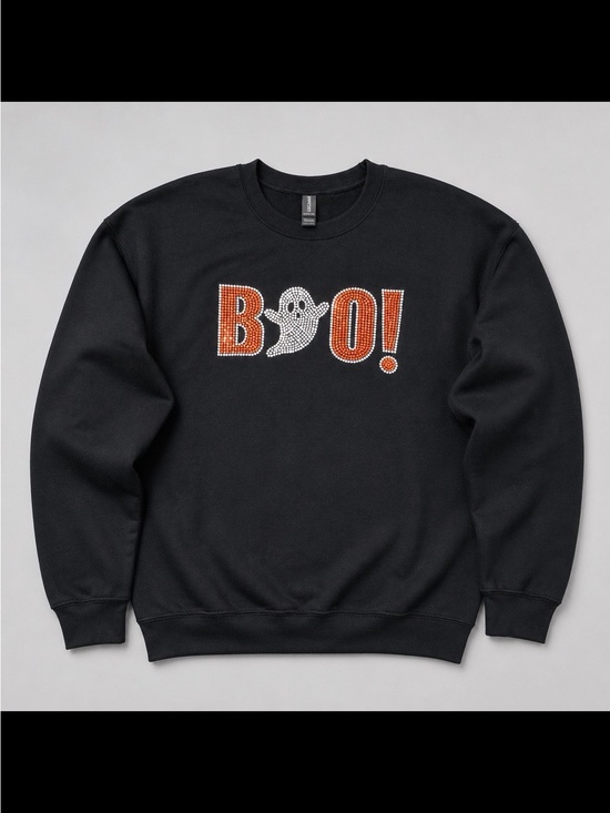 Sweaters - Black 'BOO!' Graphic Rhinestone Crewneck Sweatshirt - Halloween
